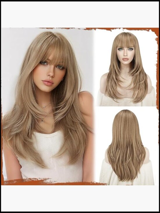 Long Straight Layered Wig with Bangs 24 Inch Synthetic Heat Resistant Wigs for main image 6